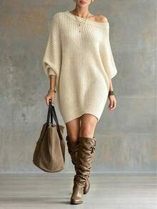 SHEIN Fiorisel Women's Gentle Versatile Asymmetrical Shoulder Sweater Dress - Apricot - View 4