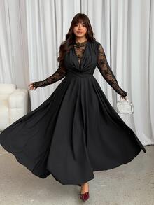 GalTyme Plus Size Women's Lace Patchwork Pleated Casual Party Dress - Black - View 3