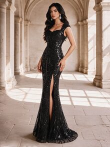 Coutiva Heavy Beaded Full-Coverage Heart Neckline Fitted Mermaid Side Slit Train Evening Gown - Black - View 5