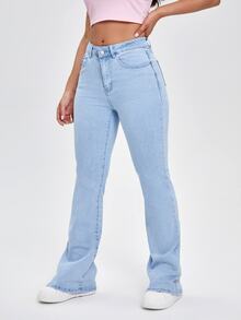 SHEIN EZwear Women's Casual Flared Leg Denim Jeans - Blue - View 8