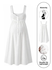 Moonlight&Mama Women's Floral Embroidered Hollow Button Design Pajamas, Loungewear Dress, Maternity Loungewear - White - View 1