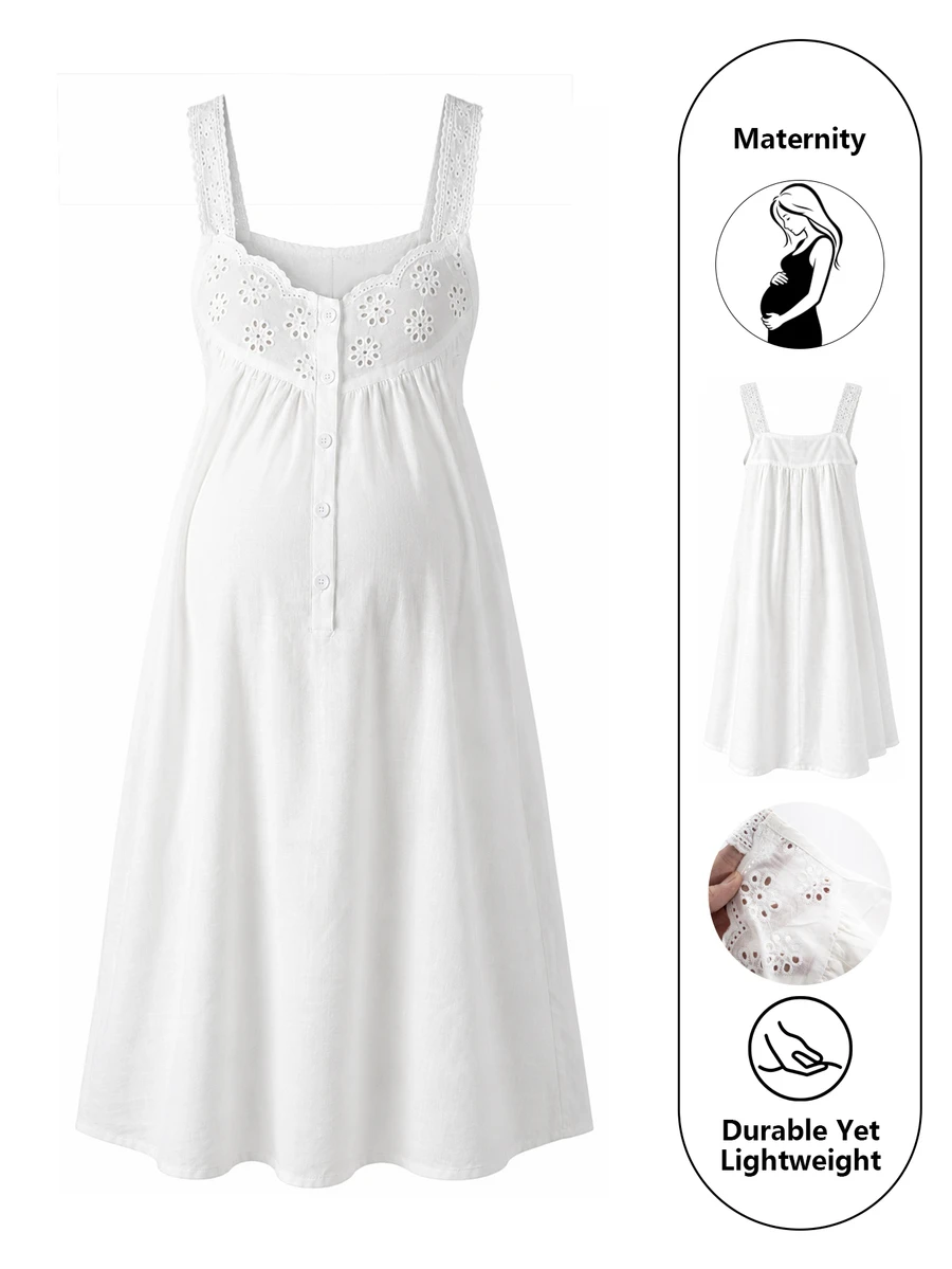Moonlight&Mama Women's Floral Embroidered Hollow Button Design Pajamas, Loungewear Dress, Maternity Loungewear - White - View 1