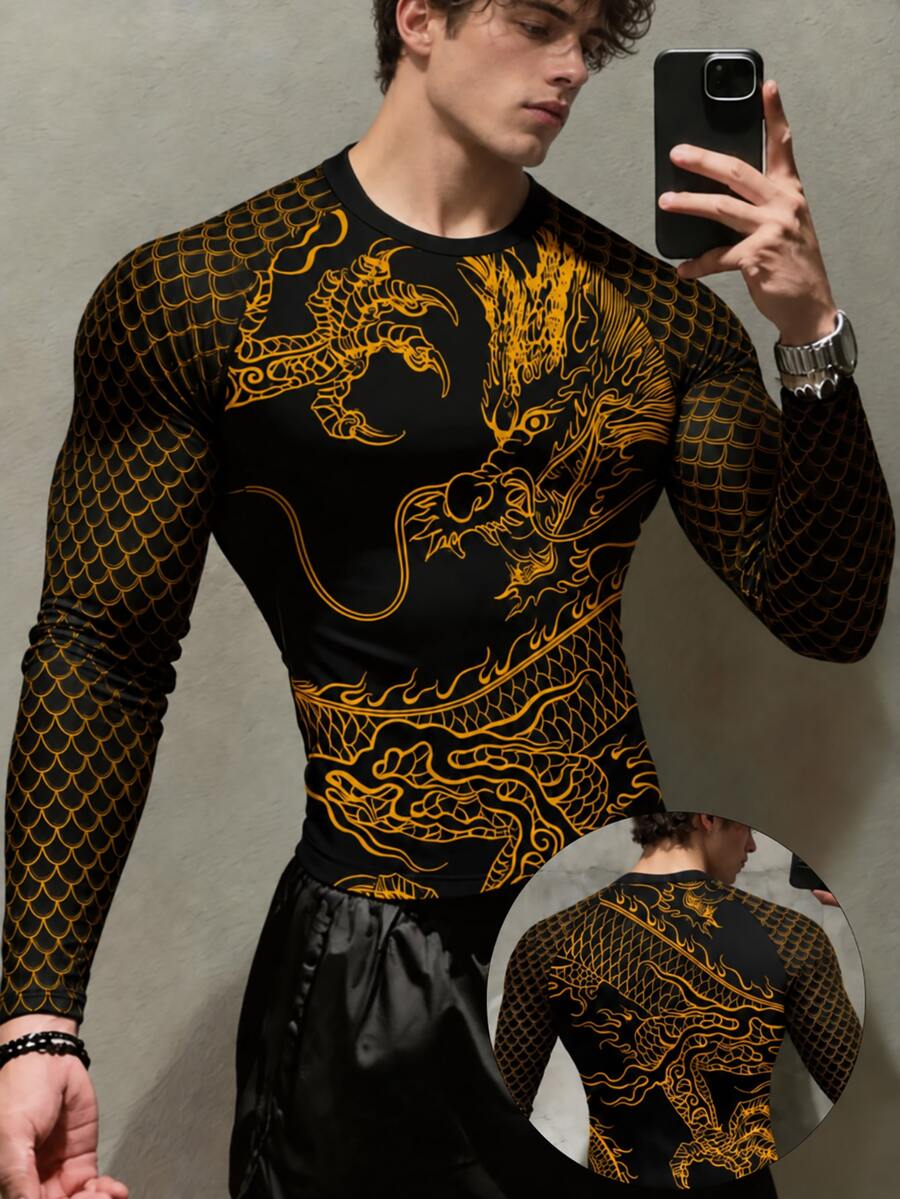 Gym Rark Men's Chinese Dragon Print Fitted Raglan Long Sleeve Sports T-Shirt - Black - View 1