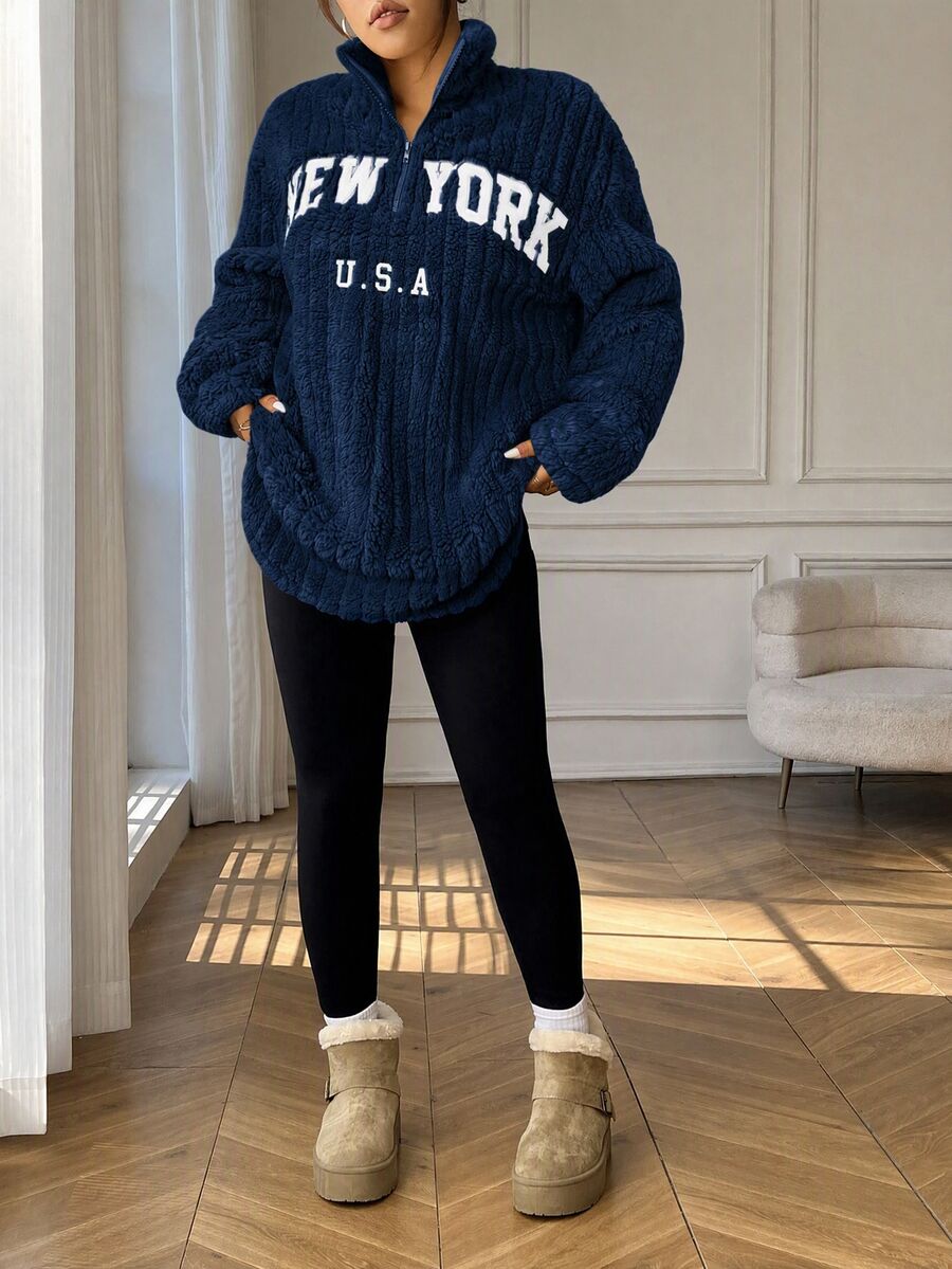 SHEIN EZwear 大尺碼 2 件套:海軍藍休閒字母印花拉鍊抓絨連帽衫與修身瑜伽褲,百搭大尺碼風格,適合秋冬穿著 - 藏蓝色 - 查看 1