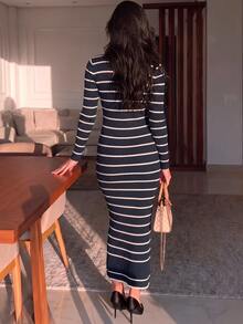 Modelyn Women's Polo Collar Striped Contrast Color Autumn/Winter Long Sleeve Sweater Dress - Royal Blue - View 2