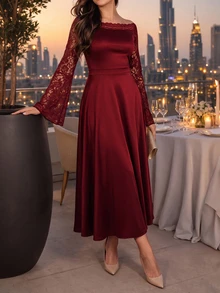 Velvienne Women's Plus Size Solid Color Collar Lace Patchwork Elegant Party Dress, Lace Long Sleeve Patchwork Dress - Burgundy - View 6
