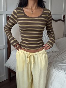 CovetEZ 女款條紋圓領長袖休閒百搭T恤 - 棕色 - 查看 3