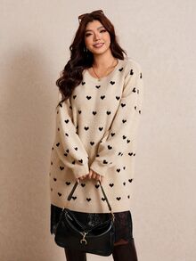 Elaquor Plus Size Women's Lace Patchwork All-Over Print Casual Daily Knit Dress Winter - Apricot - View 4