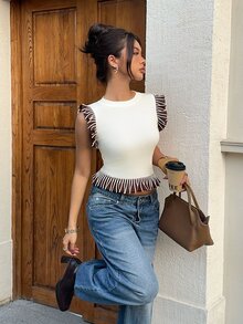 Siren Gaze Women's Fashion Ivory Colorblock Sleeveless Brown Ruffle Hem Knit Top - Apricot - View 6