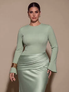 SHEIN BAE CURVE Plus Size Green Satin Patchwork Round Neck Long Sleeve Fitted Mermaid Evening Gown, Elegant Eleg Fall - Green - View 6