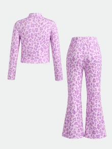 SHEIN 女童 1件豹紋印花對比滾邊夾克外套與 1件喇叭褲套裝 - 紫色 - 查看 2