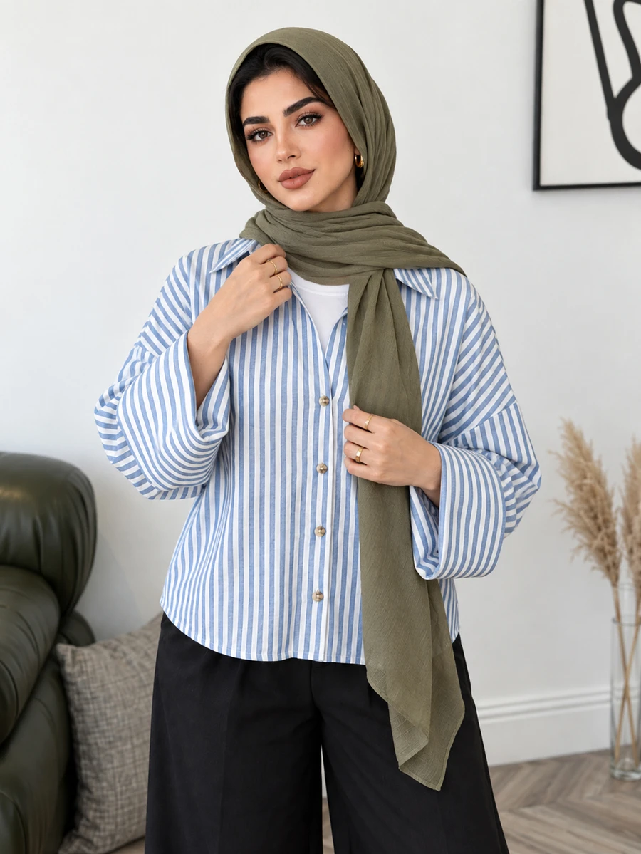 Modelyn Plus Size Women's Striped Casual Everyday Shirt - Blue and White - View 1
