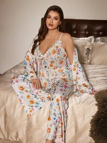 Slumberist Ditsy Floral Sexy Camisole Top, Pajama Pants And Tie-Front Robe Loose Fit Loungewear 3 Pieces Set - White - View 3