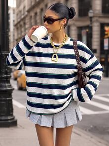 SHEIN EZwear 大尺碼圓領紅白條紋拼色休閒學院風百搭日常穿著T恤 返校季秋季 - 橄欖綠 - 查看 5