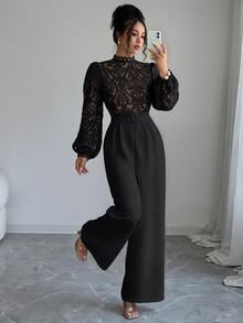 GlowEve Elegant Multi-Occasion Date Night Small Stand Collar Lace Embroidered Patchwork Jumpsuit - Black - View 4