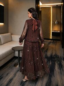 Auveirra Plus Size Sequin Pleated Top And Long Skirt 2 Pieces Set - Mocha Brown - View 2