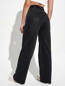 Jeanoix Y2K Plus Size High Waist Washed Black Wide Leg Jeans, Fashionable Daily Denim Pants For Voluptuous Women - Black - View 2