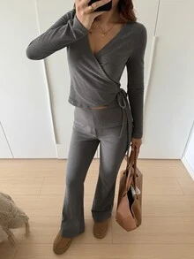 Livesso Women's Solid Color Long Sleeve Top And Flare Leg Pants Casual Daily 2 Pieces Set - Coffee Brown - View 3