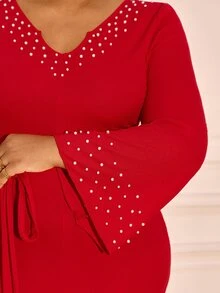 BrightlyHer Plus Size Elegant Beaded Decor Evening Dress - Red - View 7