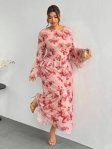 Firerie Vestido elegante con estampado floral y ribete de volantes para tallas grandes - Rosa - Ver 1