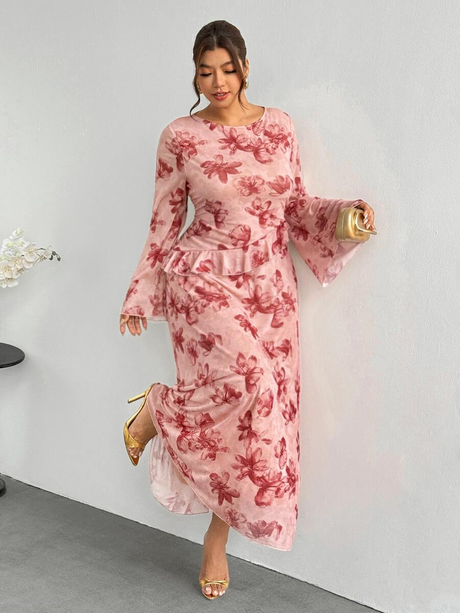 Firerie Vestido elegante con estampado floral y ribete de volantes para tallas grandes - Rosa - Ver 1