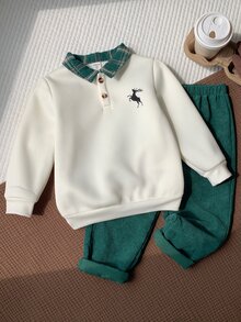 SHEIN 2件組兒童小男孩秋冬休閒衛衣褲套裝，衛衣套裝，男孩套裝，秋冬套裝，聖誕套裝，綠色套裝 - 彩色 - 查看 4