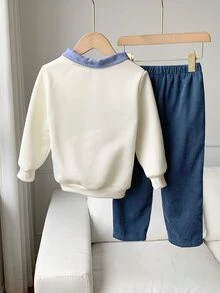 SHEIN 2件組兒童小男孩秋冬休閒衛衣與長褲套裝，衛衣套裝，男孩套裝，秋冬套裝，校園套裝，菱格紋套裝，Polo領套裝 - 彩色 - 查看 2