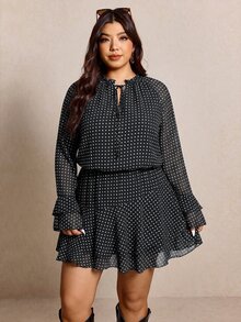 Elaquor 大尺碼休閒通勤波點印花洋裝，女款休閒波點藍色洋裝，適合秋冬休閒辦公商務工作與外出穿著 - 黑與白 - 查看 4