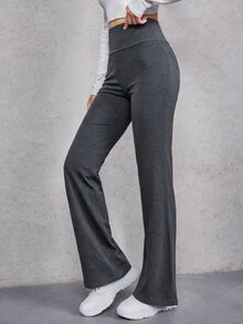 SHEIN EZwear 女款純色高腰休閒百搭喇叭褲 - 深灰色 - 查看 3