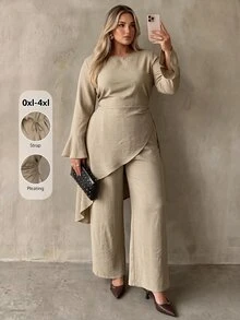 Auralis Round Neck Flared Long Sleeve Cinched Waist Pleated Extra Long Top & Wide Leg Pants Plus Size Set/Asymmetrical Top / Lace-Up / Slit - Khaki - View 3