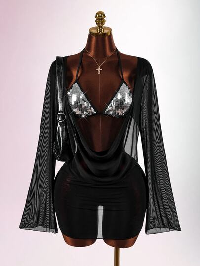 Amplova Women's 3 Pieces Bikini Set With Top, Bottom And Cover-Up, Sexy Avant-Garde Cowl Neck Dress