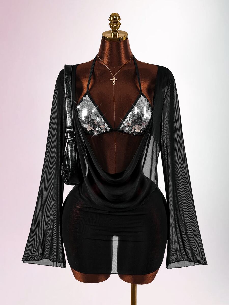 Amplova Women's 3 Pieces Bikini Set With Top, Bottom And Cover-Up, Sexy Avant-Garde Cowl Neck Dress Halloween Party Club Black Summer