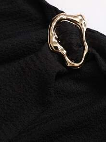 Sweetra Autumn/Winter New Arrival Knitted Textured Solid Color Vintage Square Neck Slim Fit Flattering Metal Button Dress - Black - View 3