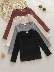 SHEIN Young Girl 4件組針織純色圓領休閒T恤套裝，適合秋季、秋季氛圍、慵懶隨性、農場、戶外 - 彩色 - 查看 3