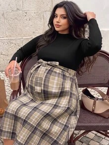 Momance Plus Size Maternity Dress Long Sleeve Waist Tie Plaid Dress Autumn/Winter Fall - Black - View 4