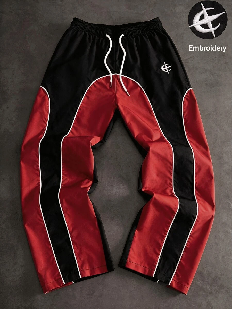 1pc Tween Boys High Street Fashion Color Block Patchwork White Trim Embroidered Woven Straight Leg Pants, Contrast Rope Design, Novel & Stylish, Comfortable Fabric, Suitable For Versatile Outfits, Summer New Arrival, Suitable For All Seasons - Red - View 1