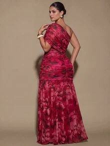 SHEIN BAE CURVE Plus Size Women's One Shoulder Ruched Casual Party Dress - Pink - View 3