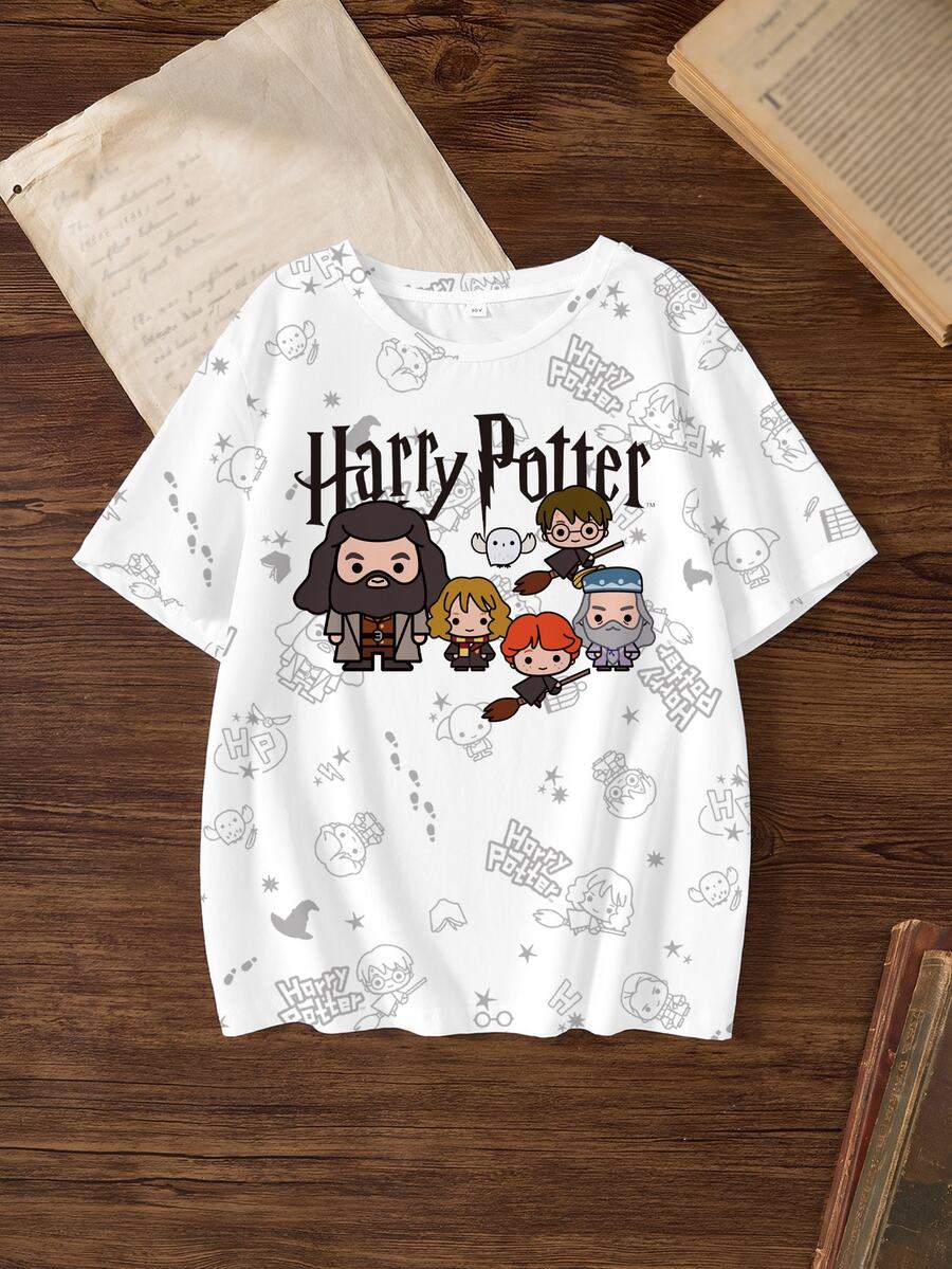 HARRY POTTER X SHEIN Tween Girl Cartoon Print Short Sleeve T-Shirt Fashion - White - View 1