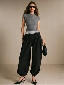 Poéselle Women's Lace Patchwork Casual Daily Short Sleeve Top - Grey - View 2