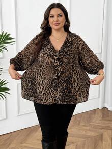 SHEIN CURVE+ Blus i plus size med streetstyle, leopardmönster och volangkant - Multifärgad - Visa 6