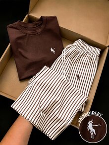 GlowEve CURVE Women's Summer Casual Daily 2-Piece Set, Striped Straight Leg Pants, Embroidered Round Neck Short Sleeve Fitted T-Shirt - Coffee Brown - View 1