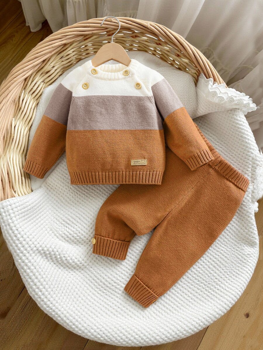 SHEIN Newborn Baby Striped Colorblock Long Sleeve Sweater And Cuffed Knit Pants Set Winter - Multicolor - View 1