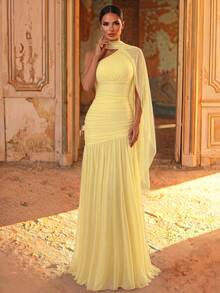 Aureia One-Shoulder Ruched Draped Design Elegant Bridesmaid Formal Evening Gown (Heavy Embellished Style) - Yellow - View 5