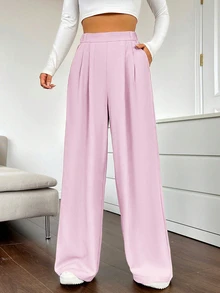 SHEIN EZwear 女款淺粉色高腰百褶寬腿長褲，夏季 - 淺粉色 - 查看 3