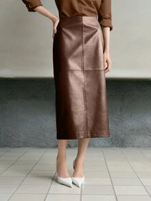 MOTF PREMIUM Rok Wanita Kulit PU dengan Pinggang Elastis dan Belahan di Bagian Bawah - Coffee Brown - View 7