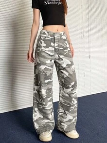 DAZY 女款迷彩圖案口袋鈕扣寬鬆休閒牛仔褲 - 灰色 - 查看 1