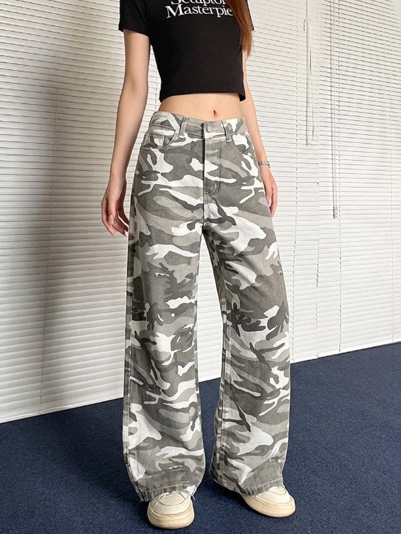 DAZY 女款迷彩圖案口袋鈕扣寬鬆休閒牛仔褲 - 灰色 - 查看 1