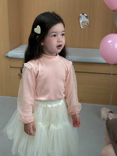 DAZY Infant/Toddler (Girl) Round Neck Solid Color Ruffle Trim Long Sleeve Spring/Autumn Top