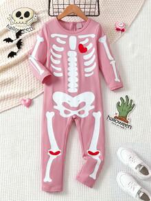 Elladie kids Girls' Skull Print Slim Fit Jumpsuit, Soft Fabric, Back Zipper Easy To Wear, Suitable For Halloween, Party, Outing And More - Pink - View 7