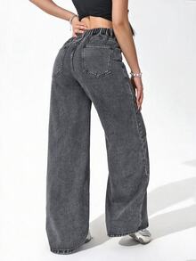Jeanoix Y2K Millennium Style Plus Size Women's Washed Grey Wide Leg Jeans, High Waist Loose Streetwear Denim Pants - Grey - View 2